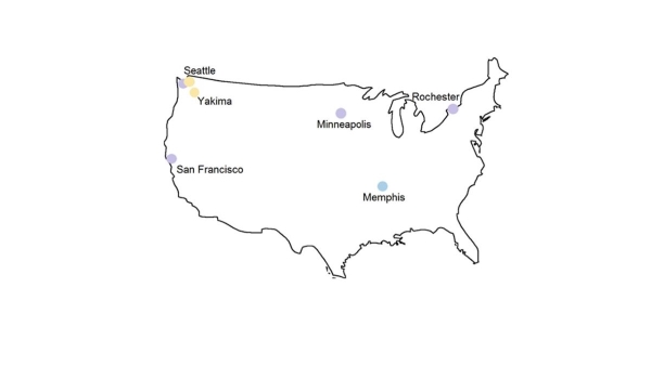 Map of study locations. Including: Memphis (CANDLE) Minn (TIDES) Rochester (TIDES) SF (TIDES) Seattle (TIDES) Seattle (GAPPS) Yakima (GAPPS)  